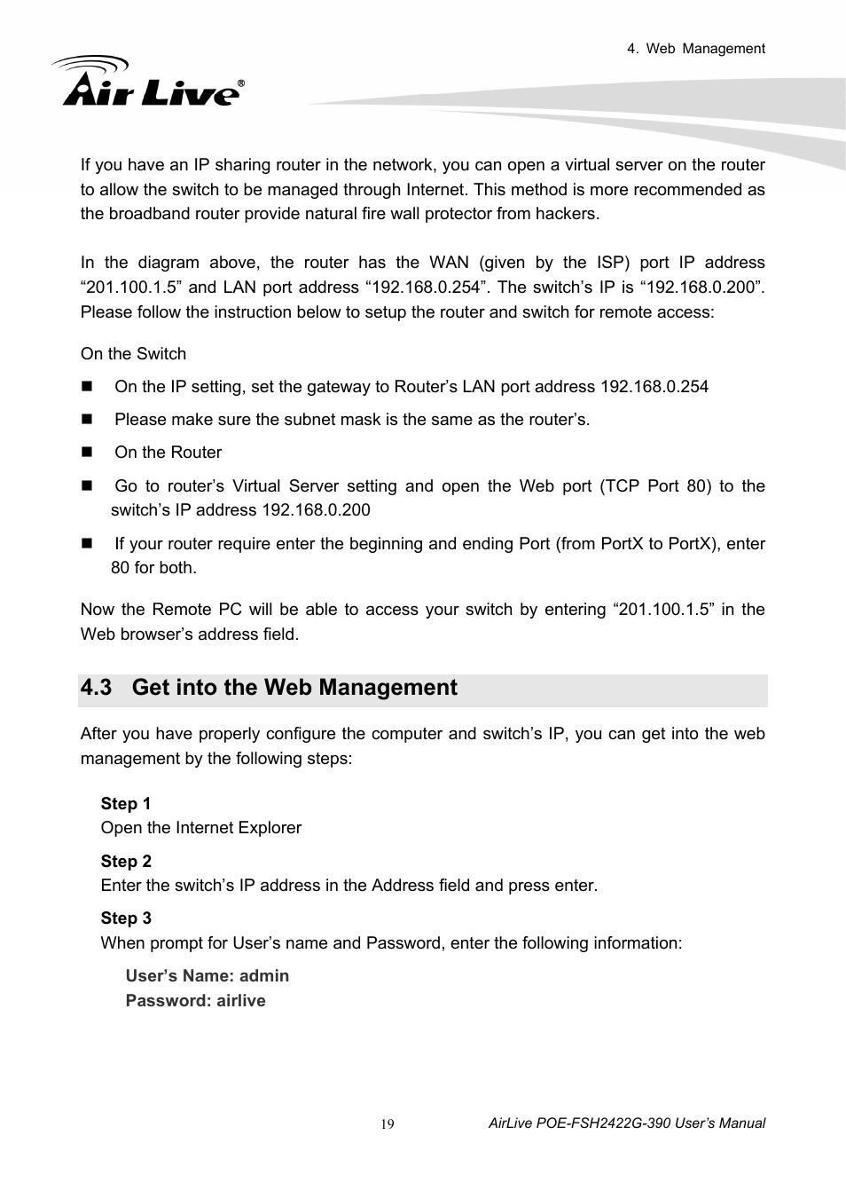 3 get into the web management, Get into the web management | AirLive POE-FSH2422G-390 User Manual | Page 24 / 54