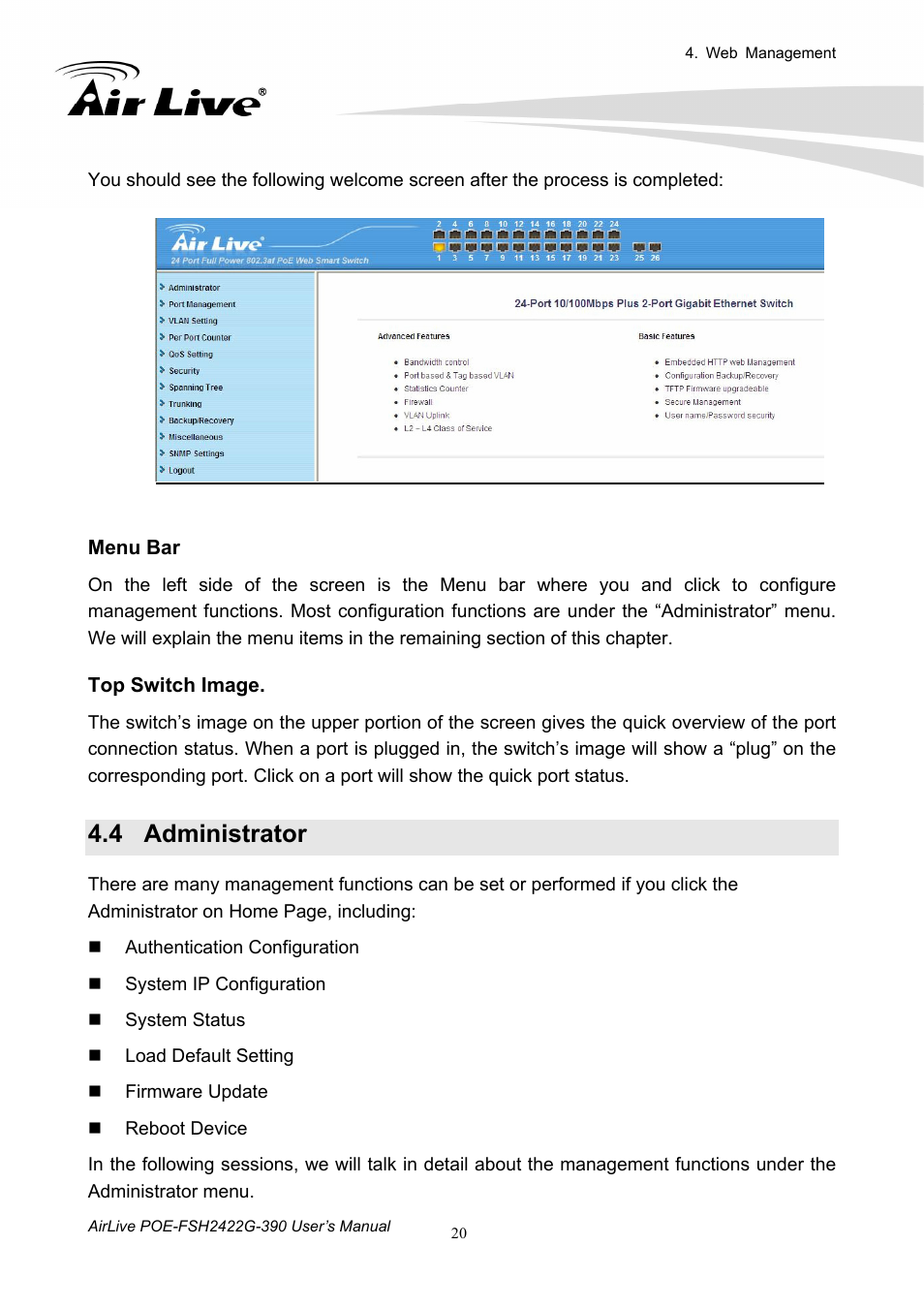 4 administrator, Administrator | AirLive POE-FSH2422G-390 User Manual | Page 25 / 54