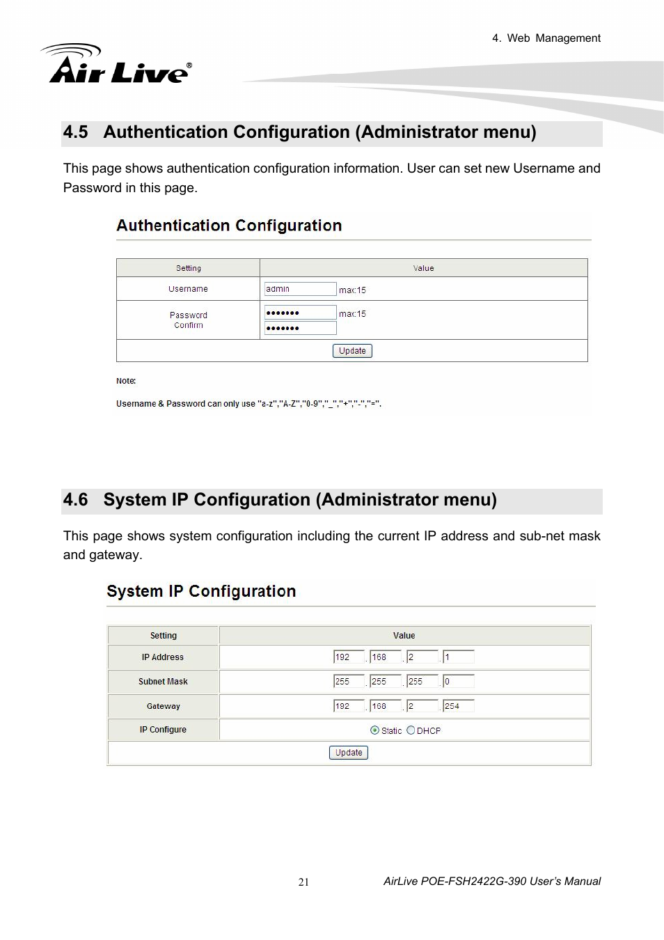 6 system ip configuration (administrator menu), Authentication configuration (administrator menu), System ip configuration (administrator menu) | Step 4, Step 3, Step, Step 2, Step 1 | AirLive POE-FSH2422G-390 User Manual | Page 26 / 54