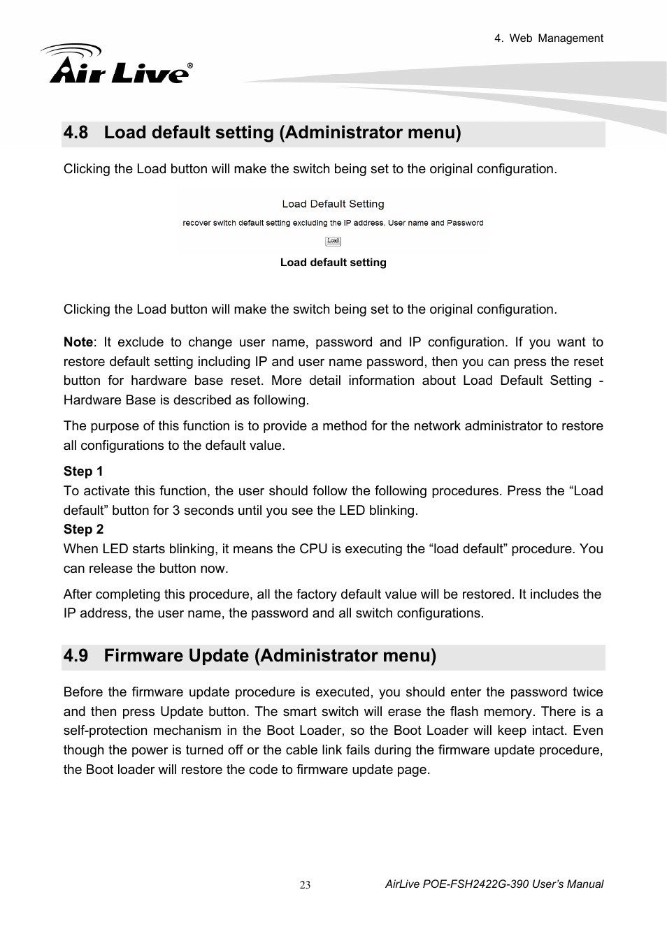 8 load default setting (administrator menu), 9 firmware update (administrator menu), Load default setting (administrator menu) | Firmware update (administrator menu) | AirLive POE-FSH2422G-390 User Manual | Page 28 / 54