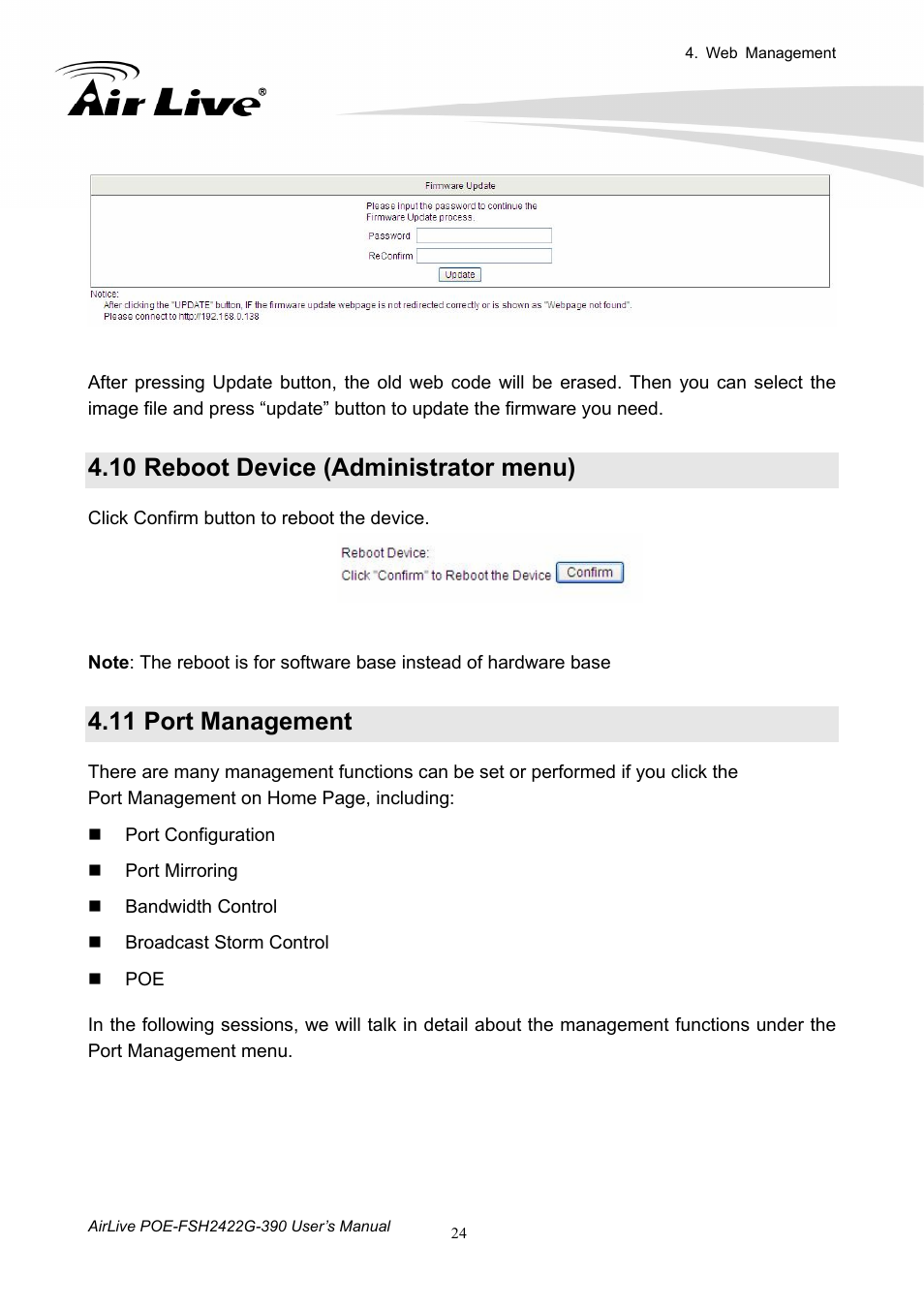 10 reboot device (administrator menu), 11 port management, Reboot device (administrator menu) | Port management | AirLive POE-FSH2422G-390 User Manual | Page 29 / 54