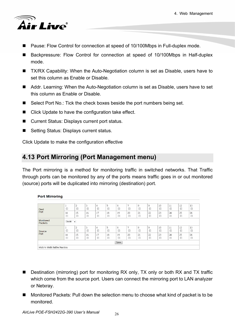 13 port mirroring (port management menu), Port mirroring (port management menu) | AirLive POE-FSH2422G-390 User Manual | Page 31 / 54