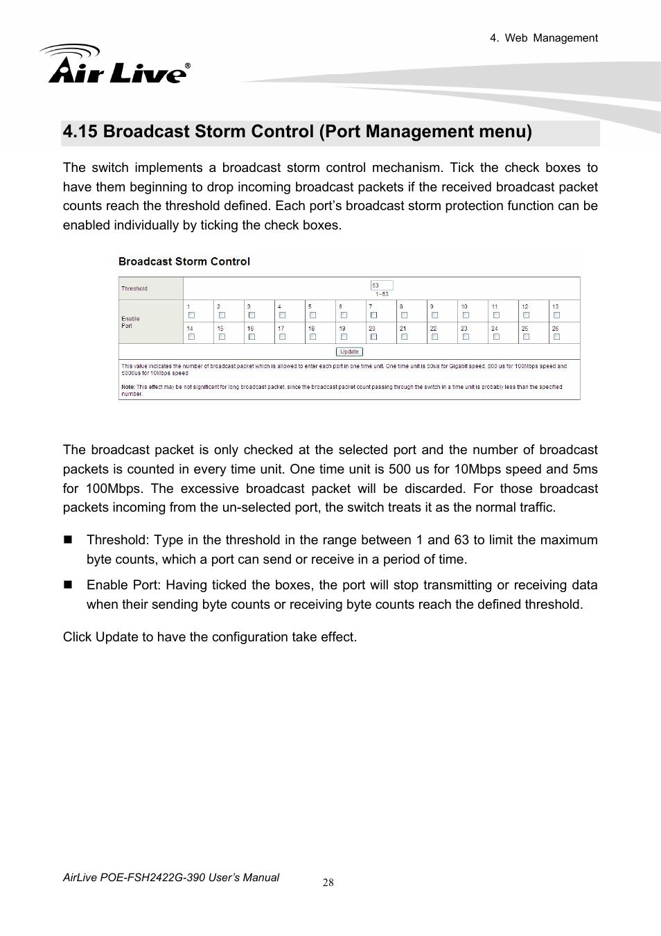 15 broadcast storm control (port management menu), Broadcast storm control (port management menu) | AirLive POE-FSH2422G-390 User Manual | Page 33 / 54