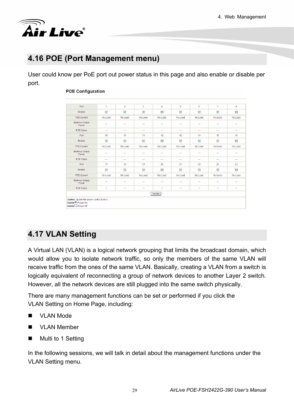 16 poe (port management menu), 17 vlan setting, Poe (port management menu) | Vlan setting | AirLive POE-FSH2422G-390 User Manual | Page 34 / 54