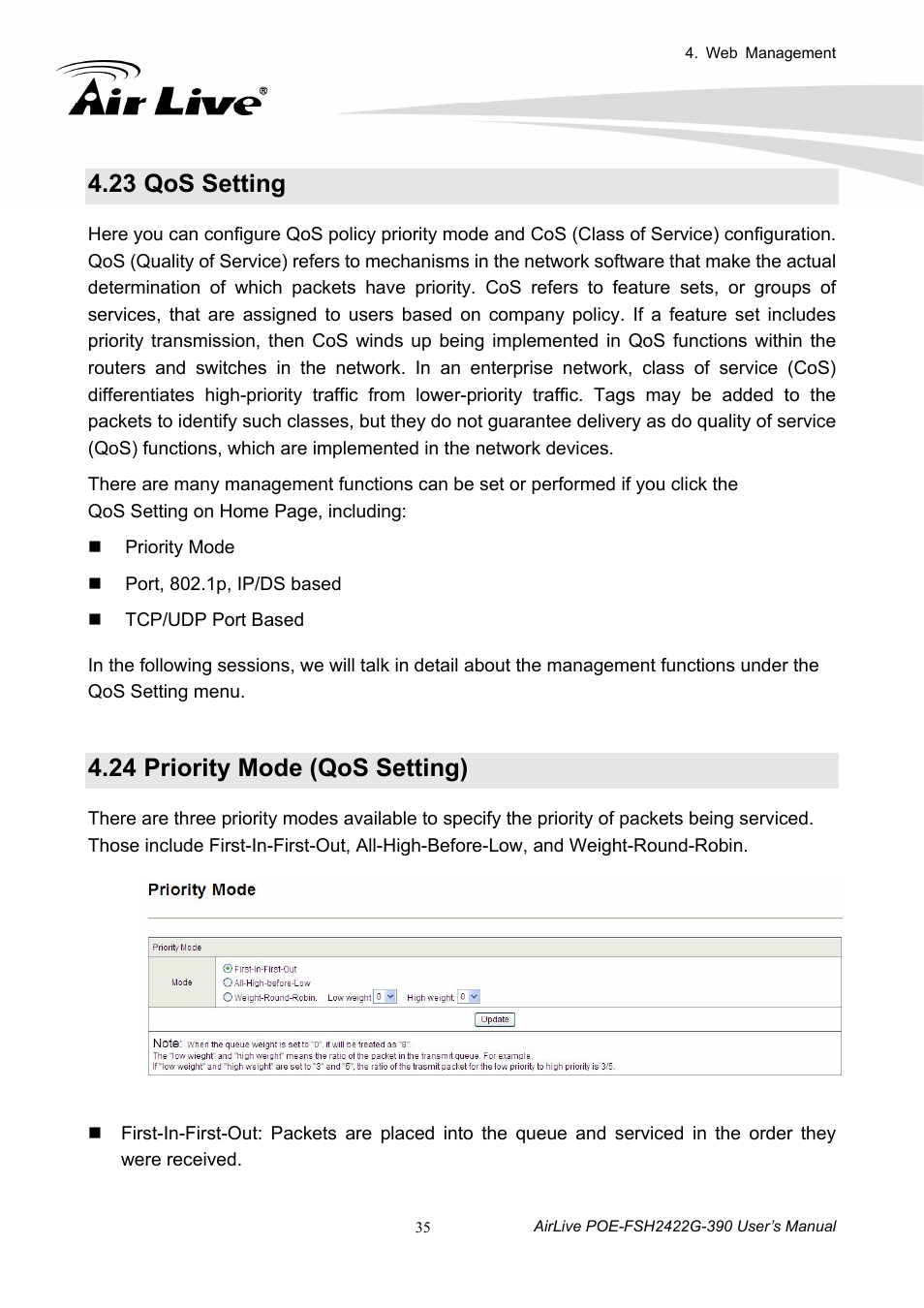 23 qos setting, 24 priority mode (qos setting), Qos setting | Priority mode (qos setting) | AirLive POE-FSH2422G-390 User Manual | Page 40 / 54