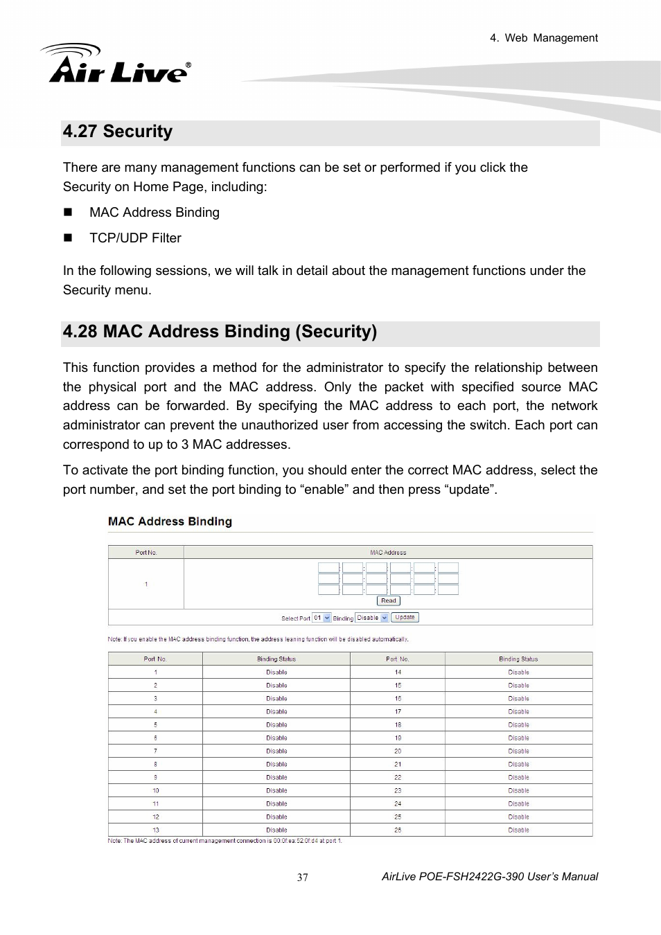 27 security, 28 mac address binding (security), Security | Mac address binding (security) | AirLive POE-FSH2422G-390 User Manual | Page 42 / 54