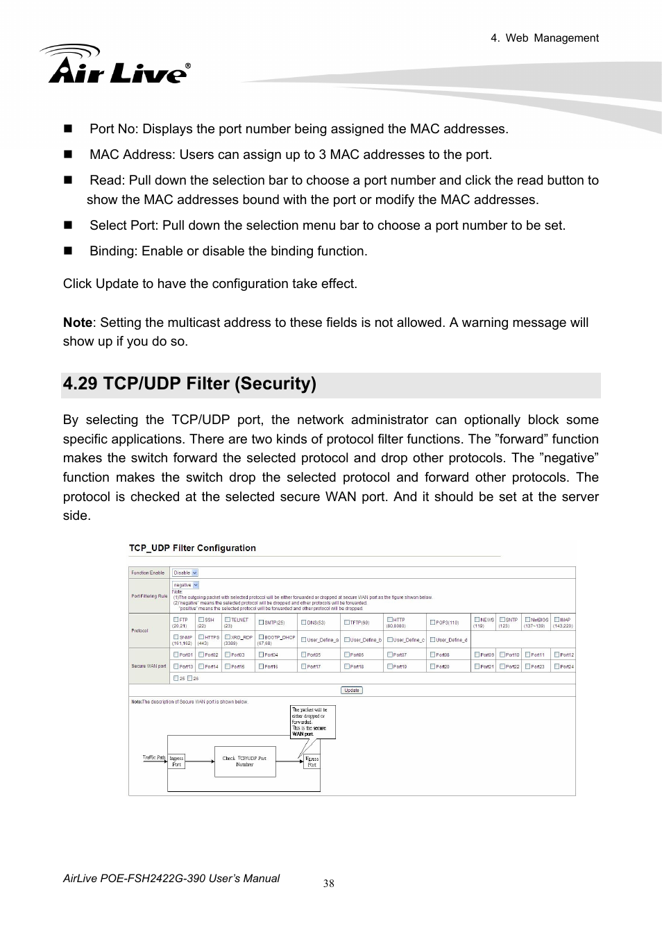 29 tcp/udp filter (security), Tcp/udp filter (security) | AirLive POE-FSH2422G-390 User Manual | Page 43 / 54