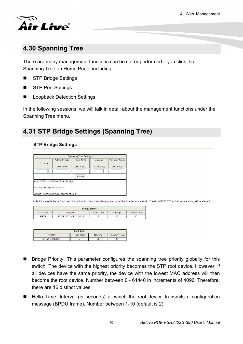 30 spanning tree, 31 stp bridge settings (spanning tree), Spanning tree | Stp bridge settings (spanning tree) | AirLive POE-FSH2422G-390 User Manual | Page 44 / 54