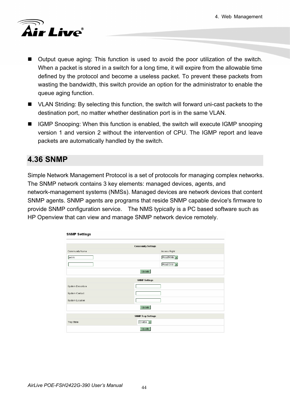 36 snmp, Snmp | AirLive POE-FSH2422G-390 User Manual | Page 49 / 54