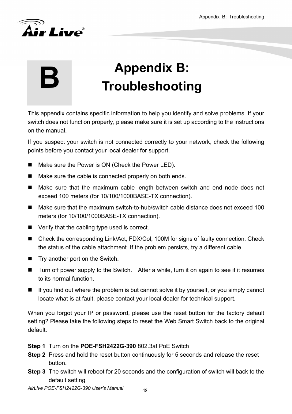 Appendix b: troubleshooting | AirLive POE-FSH2422G-390 User Manual | Page 53 / 54