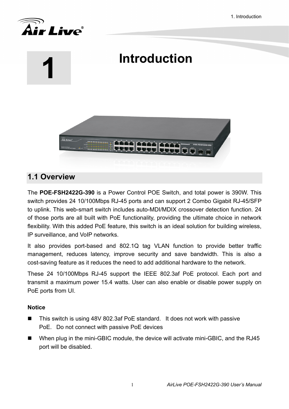 Introduction, 1 overview | AirLive POE-FSH2422G-390 User Manual | Page 6 / 54