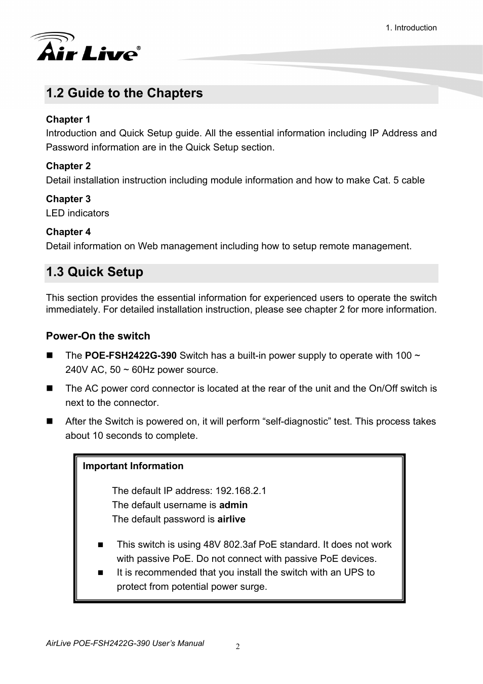 2 guide to the chapters, 3 quick setup | AirLive POE-FSH2422G-390 User Manual | Page 7 / 54