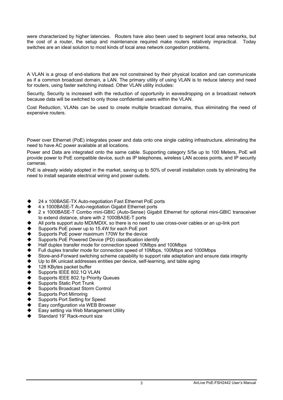 4 vlan (virtual local area network), 5 power over ethernet (poe), 6 features | AirLive POE-FSH2442G User Manual | Page 10 / 33