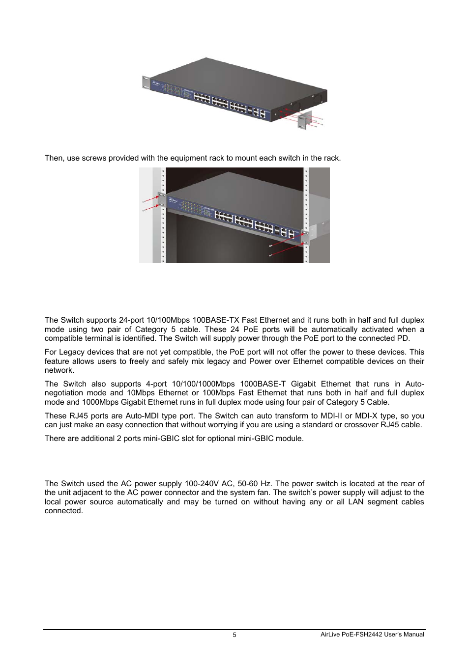 4 connecting network cable, 5 ac power | AirLive POE-FSH2442G User Manual | Page 12 / 33