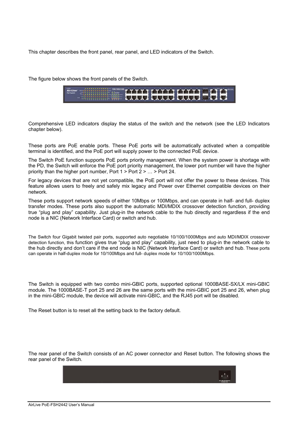 Chapter 4: identifying external components, 1 front panel, 2 rear panel | AirLive POE-FSH2442G User Manual | Page 13 / 33