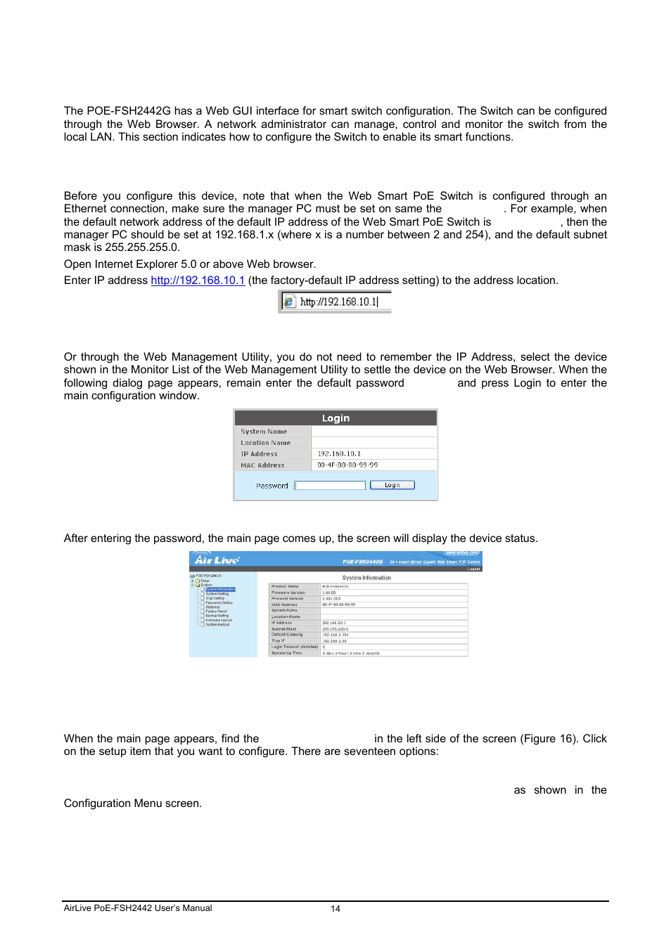 6 configuring the switch, 7 login, 8 configuration menu | AirLive POE-FSH2442G User Manual | Page 21 / 33