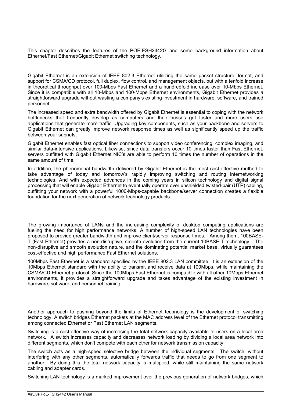 Chapter 2: introduction, 1 gigabit ethernet technology, 2 fast | Ethernet, Technology, 3 switching | AirLive POE-FSH2442G User Manual | Page 9 / 33
