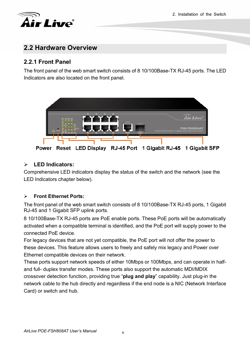 2 hardware overview, 1 front panel | AirLive POE-FSH808AT User Manual | Page 11 / 59