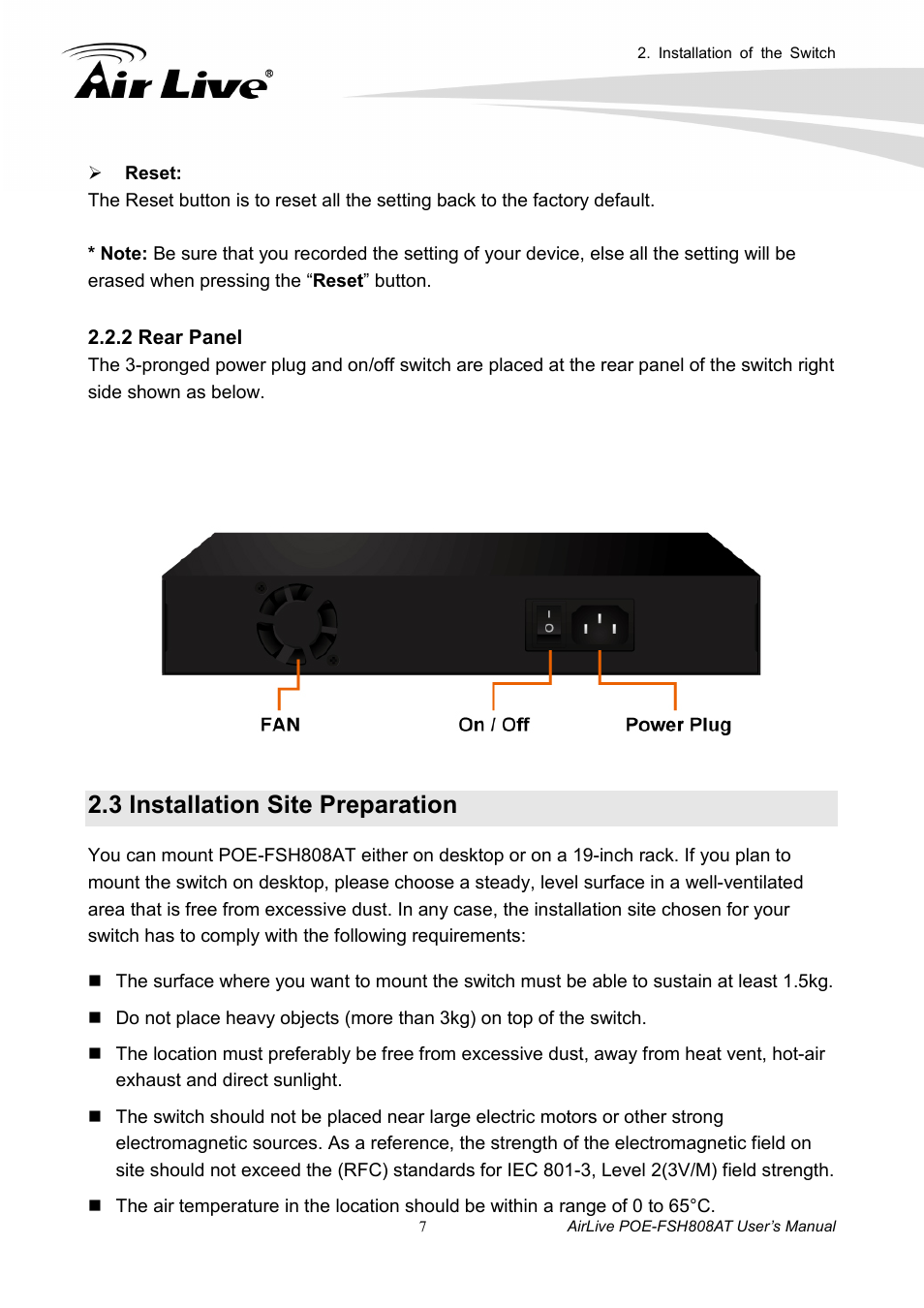 3 installation site preparation | AirLive POE-FSH808AT User Manual | Page 12 / 59