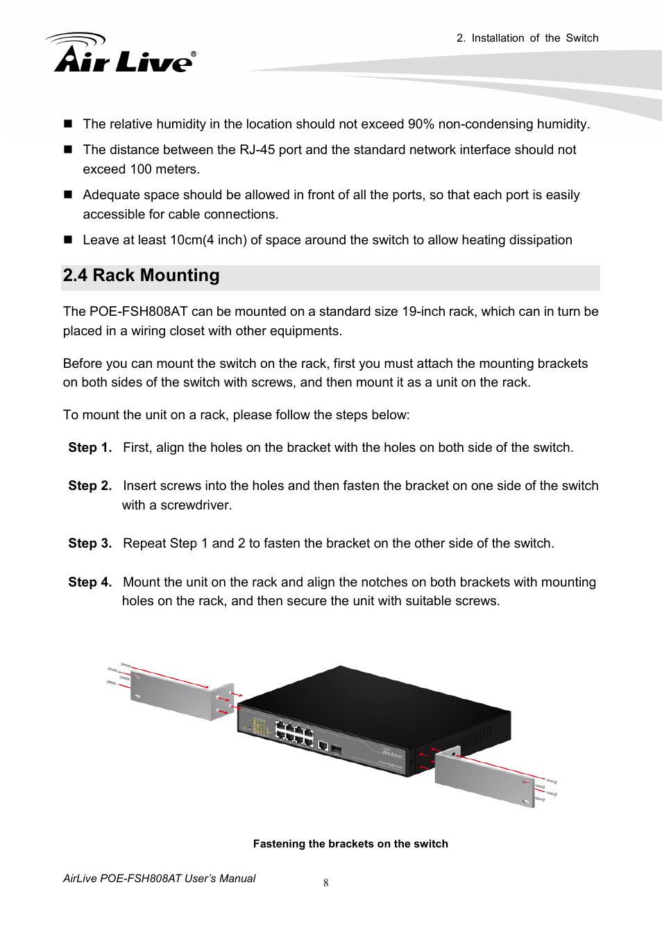 4 rack mounting | AirLive POE-FSH808AT User Manual | Page 13 / 59