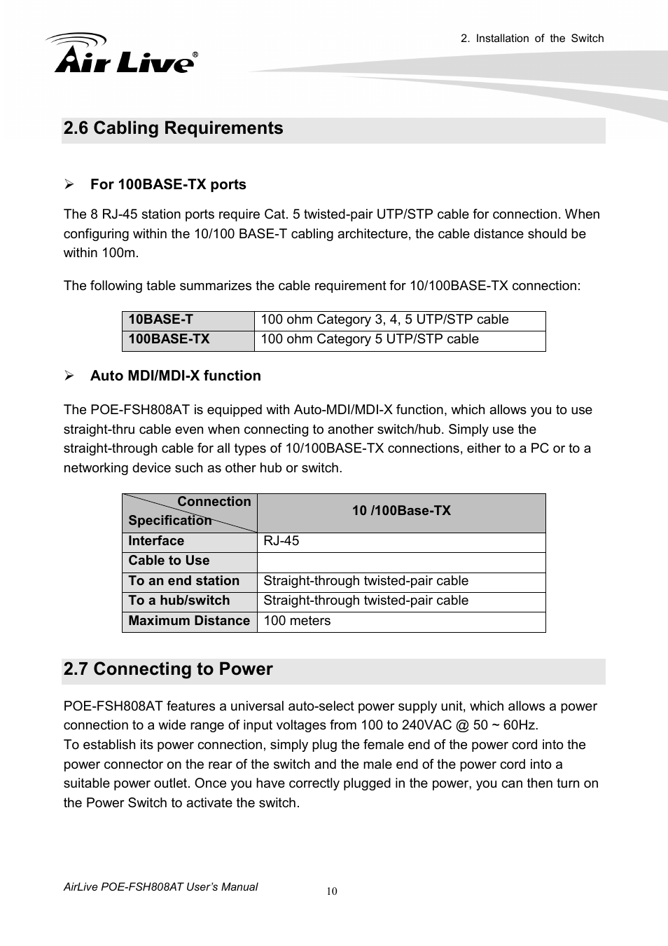 6 cabling requirements, 7 connecting to power | AirLive POE-FSH808AT User Manual | Page 15 / 59
