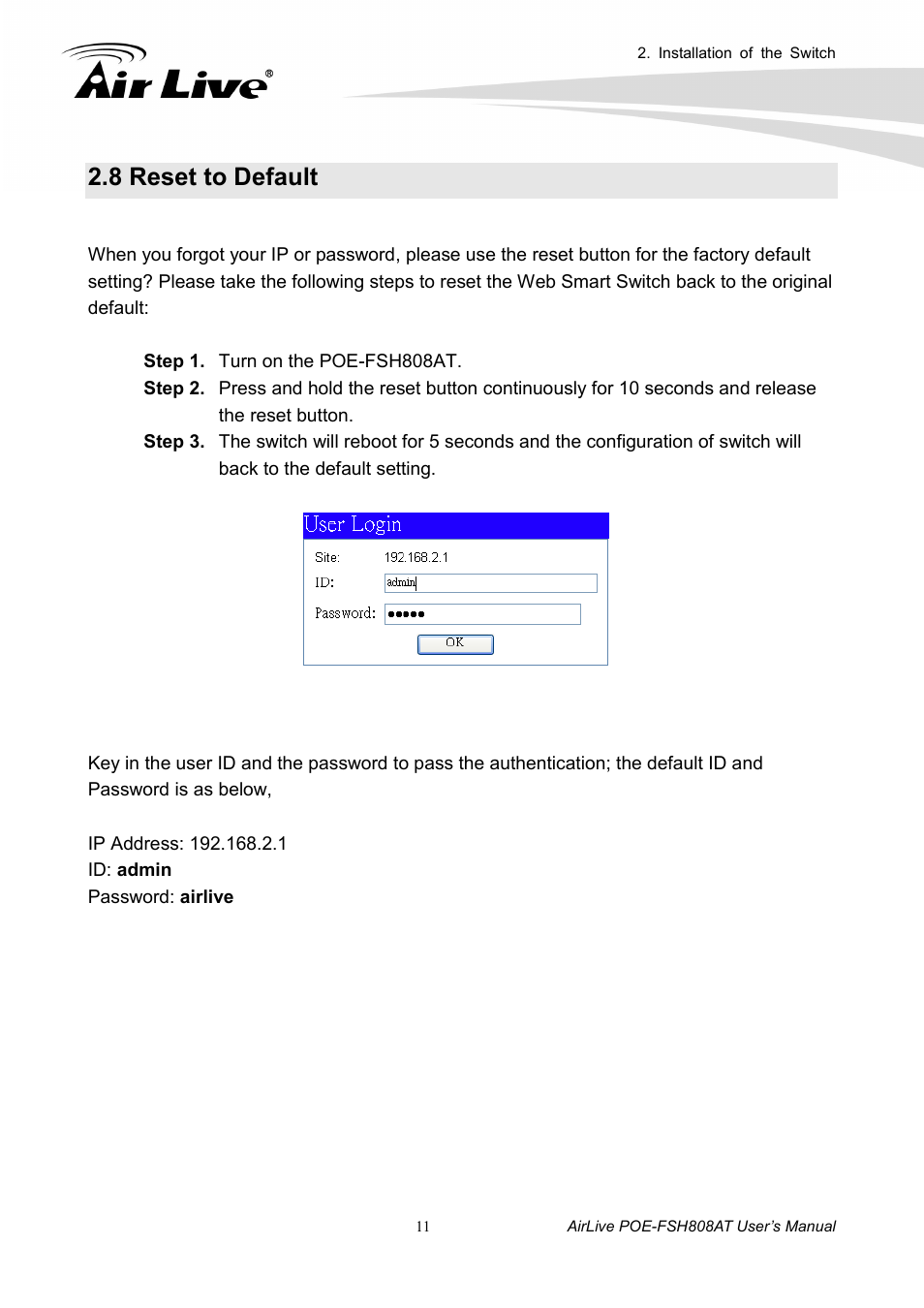 8 reset to default | AirLive POE-FSH808AT User Manual | Page 16 / 59