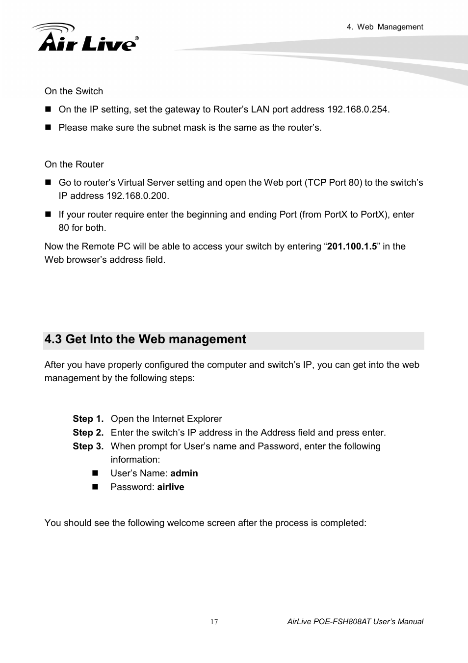 3 get into the web management | AirLive POE-FSH808AT User Manual | Page 22 / 59