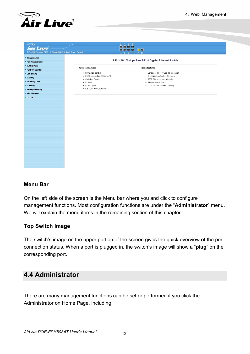 4 administrator | AirLive POE-FSH808AT User Manual | Page 23 / 59