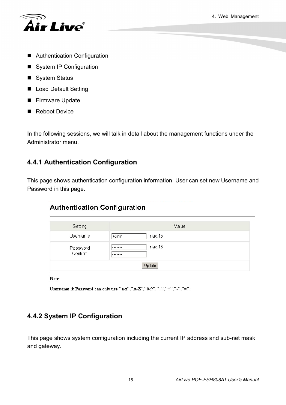 1 authentication configuration, 2 system ip configuration | AirLive POE-FSH808AT User Manual | Page 24 / 59