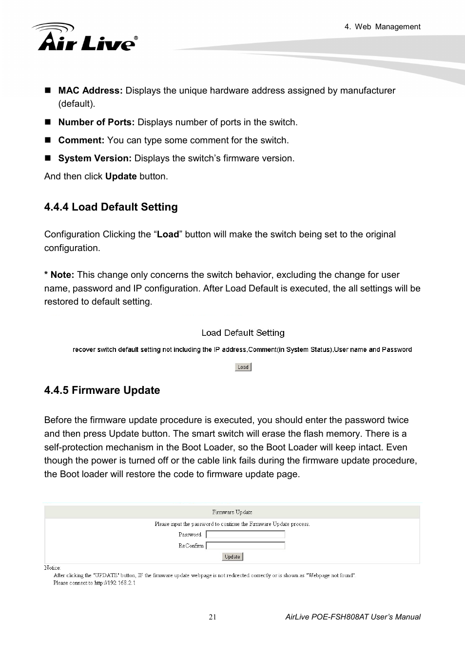 4 load default setting, 5 firmware update | AirLive POE-FSH808AT User Manual | Page 26 / 59