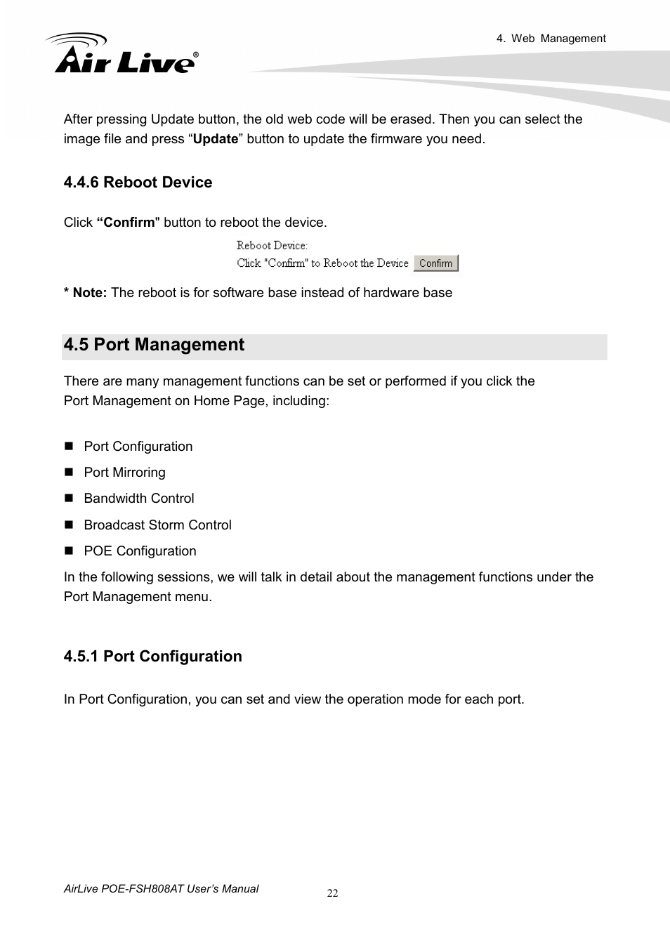 6 reboot device, 5 port management, 1 port configuration | AirLive POE-FSH808AT User Manual | Page 27 / 59