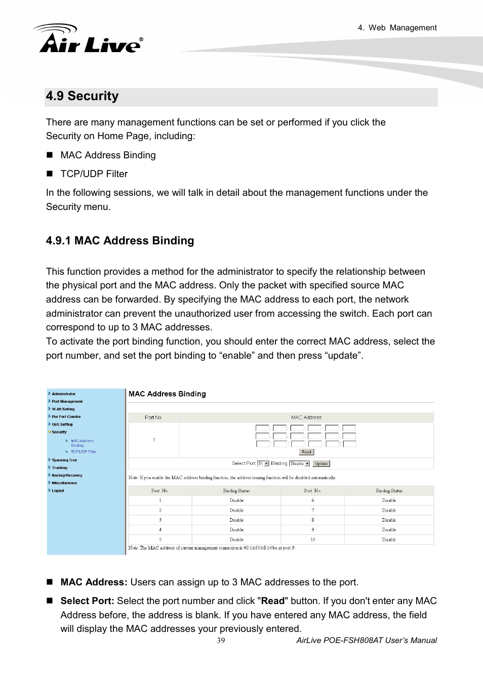 9 security, 1 mac address binding | AirLive POE-FSH808AT User Manual | Page 44 / 59