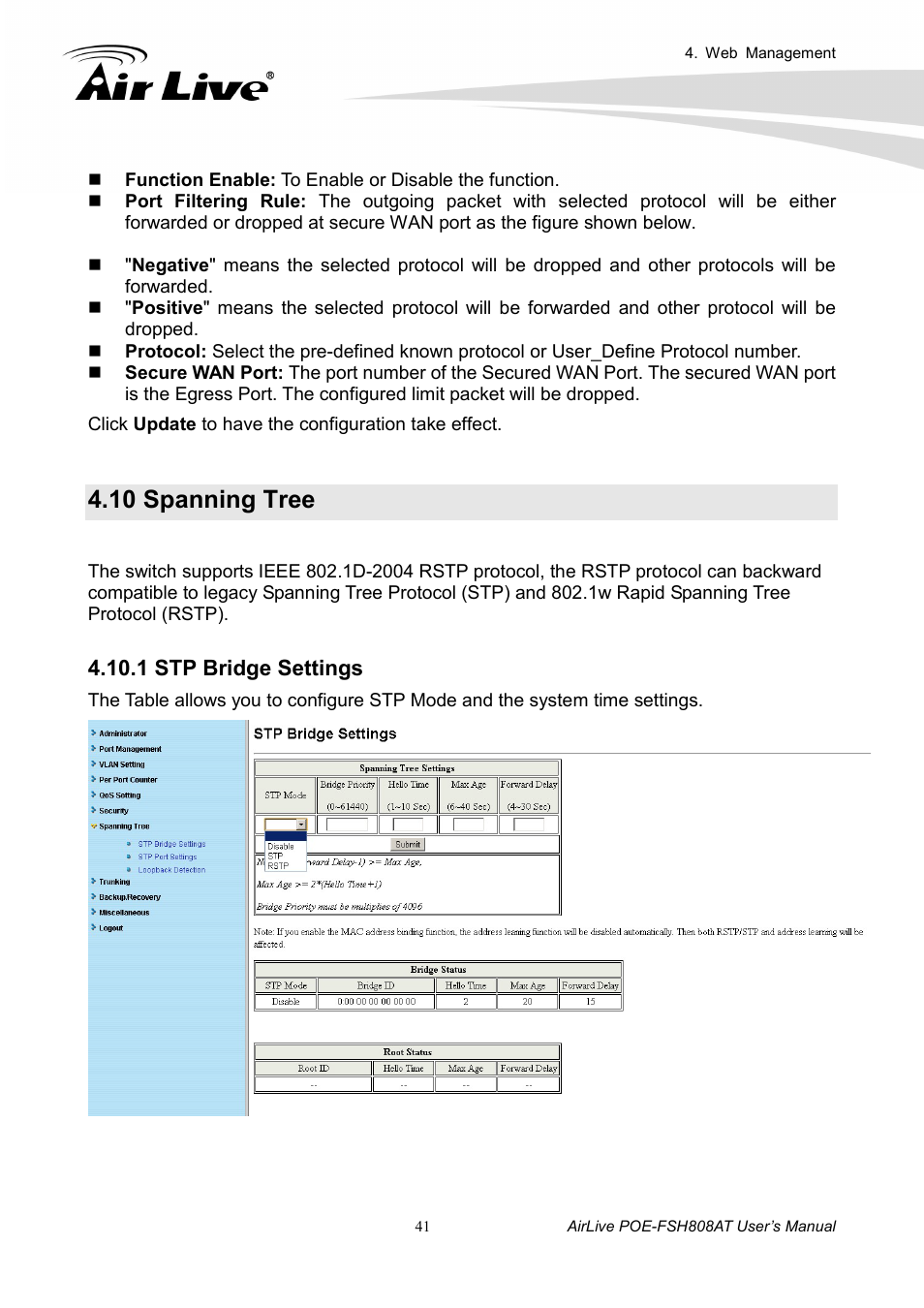 10 spanning tree, 1 stp bridge settings | AirLive POE-FSH808AT User Manual | Page 46 / 59