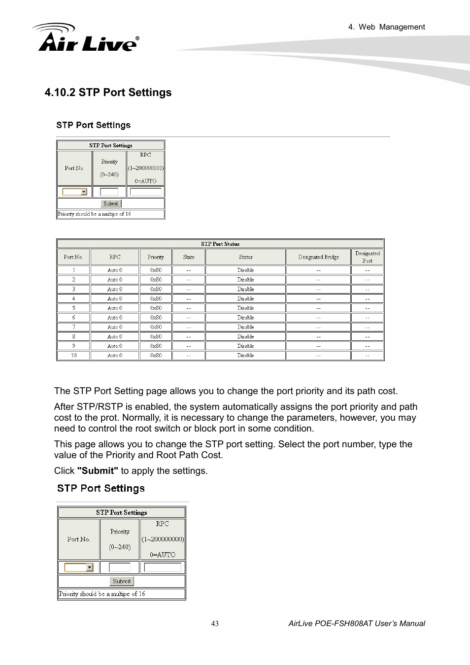 2 stp port settings | AirLive POE-FSH808AT User Manual | Page 48 / 59