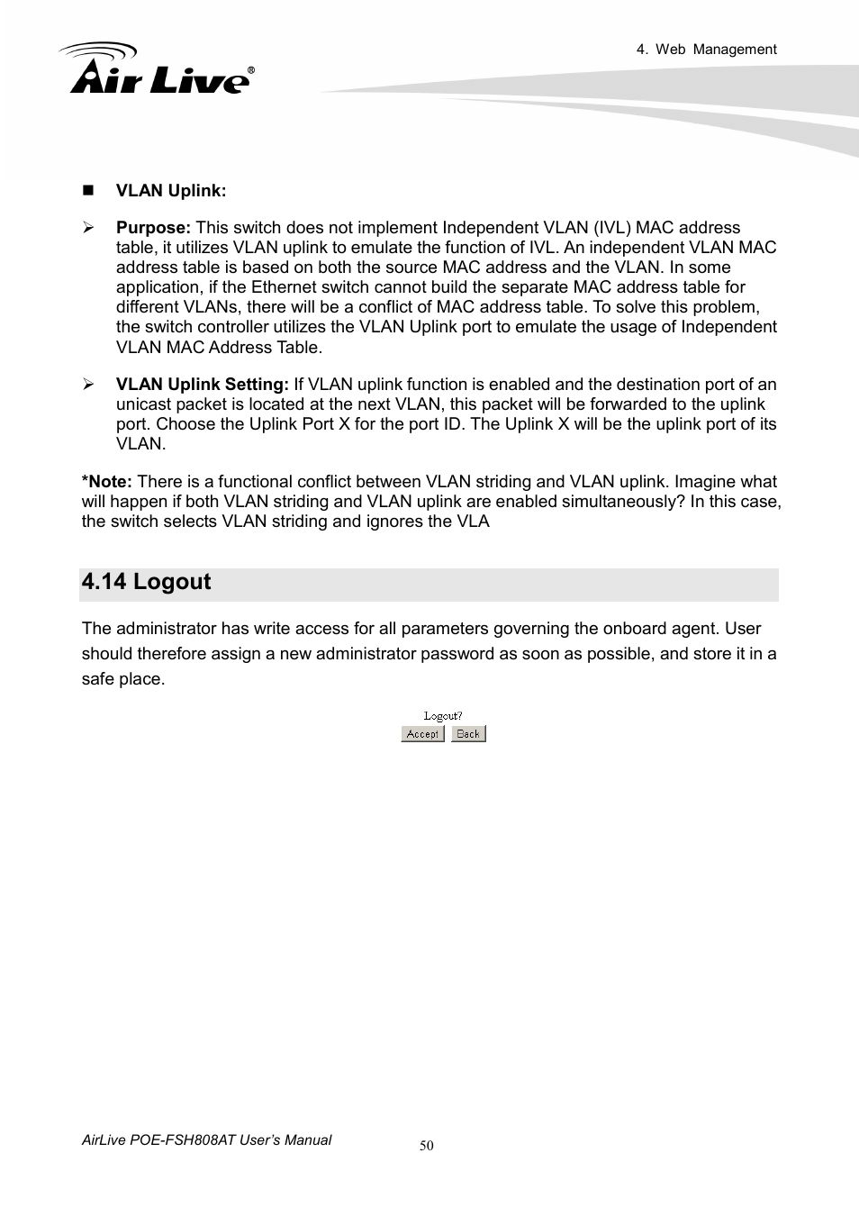 14 logout | AirLive POE-FSH808AT User Manual | Page 55 / 59