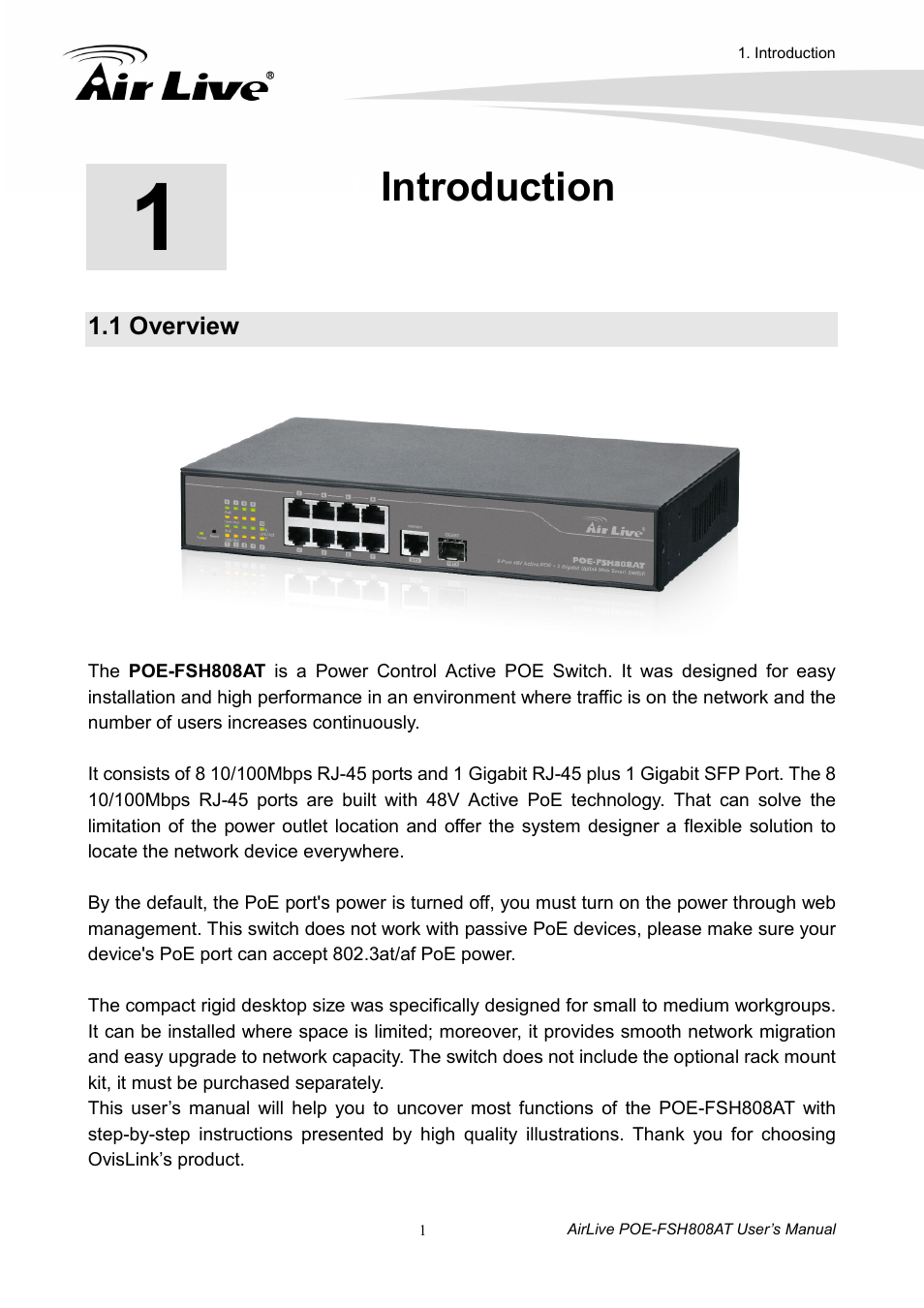 Introduction, 1 overview | AirLive POE-FSH808AT User Manual | Page 6 / 59