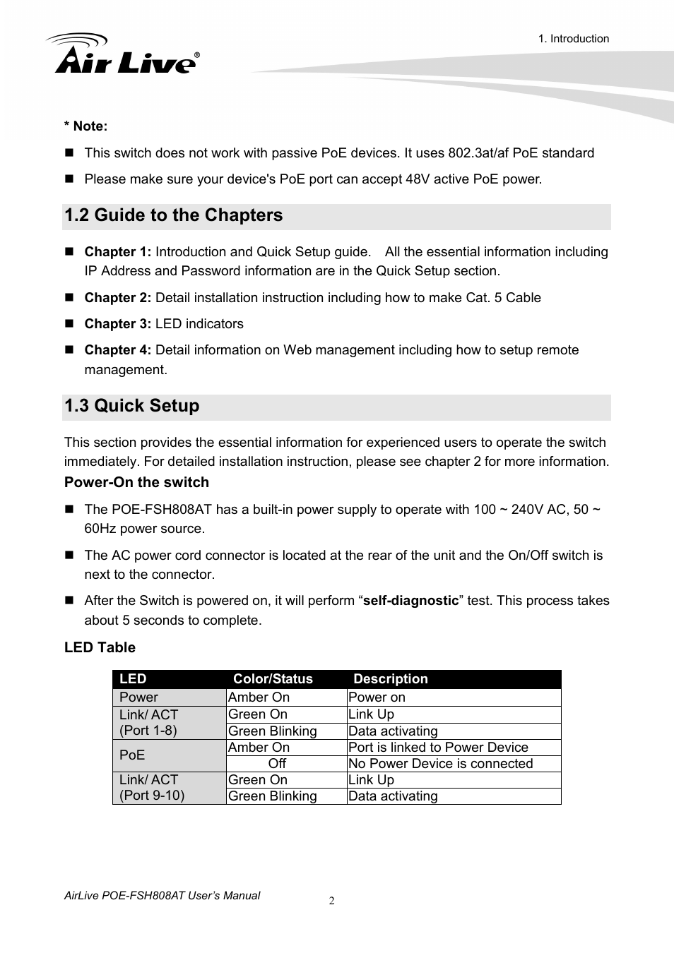 2 guide to the chapters, 3 quick setup | AirLive POE-FSH808AT User Manual | Page 7 / 59