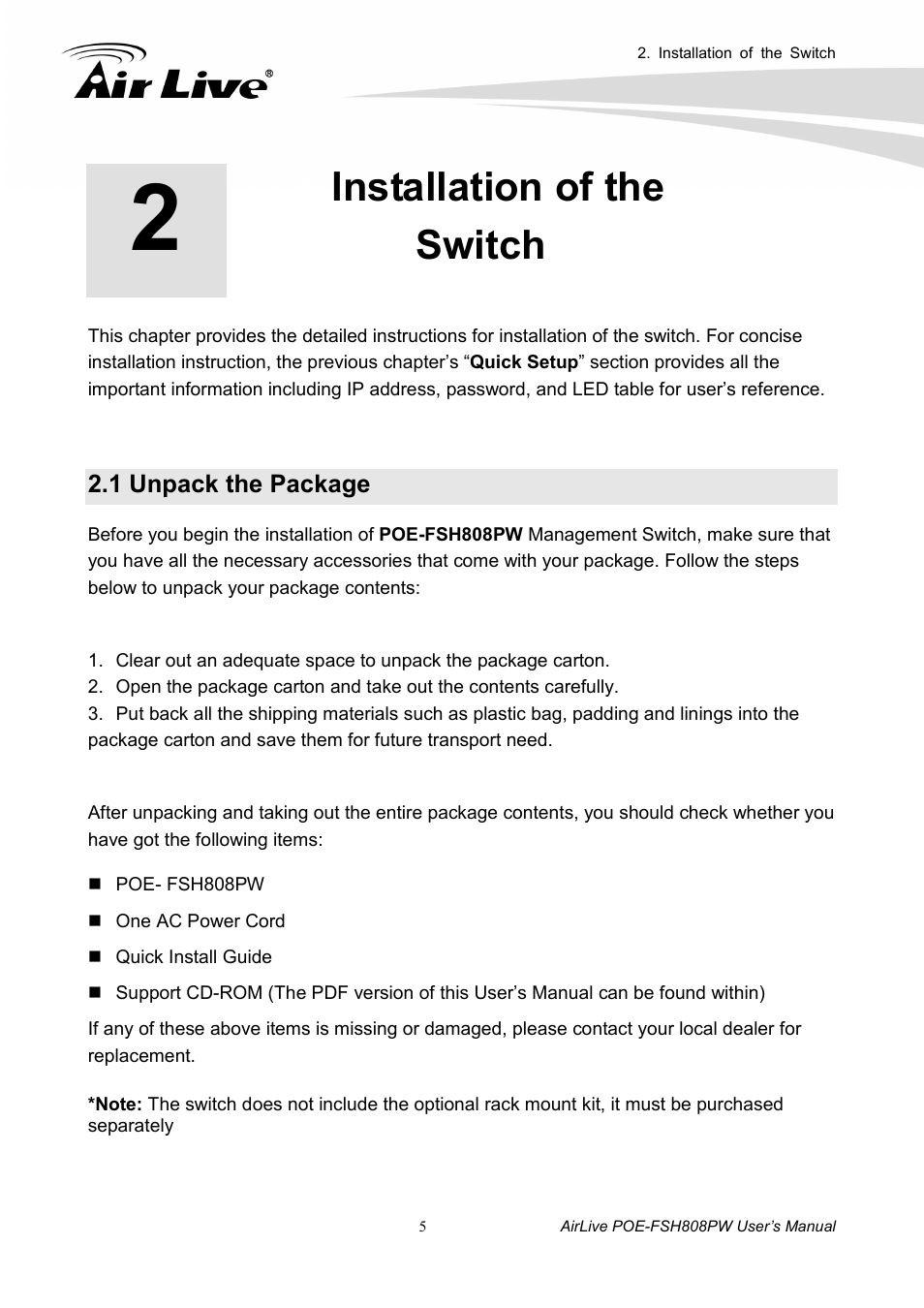 Installation of the switch, 1 unpack the package | AirLive POE-FSH808PW User Manual | Page 10 / 58