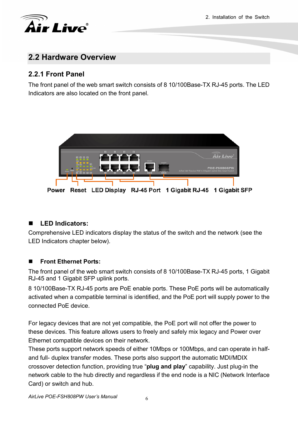 2 hardware overview, 1 front panel | AirLive POE-FSH808PW User Manual | Page 11 / 58