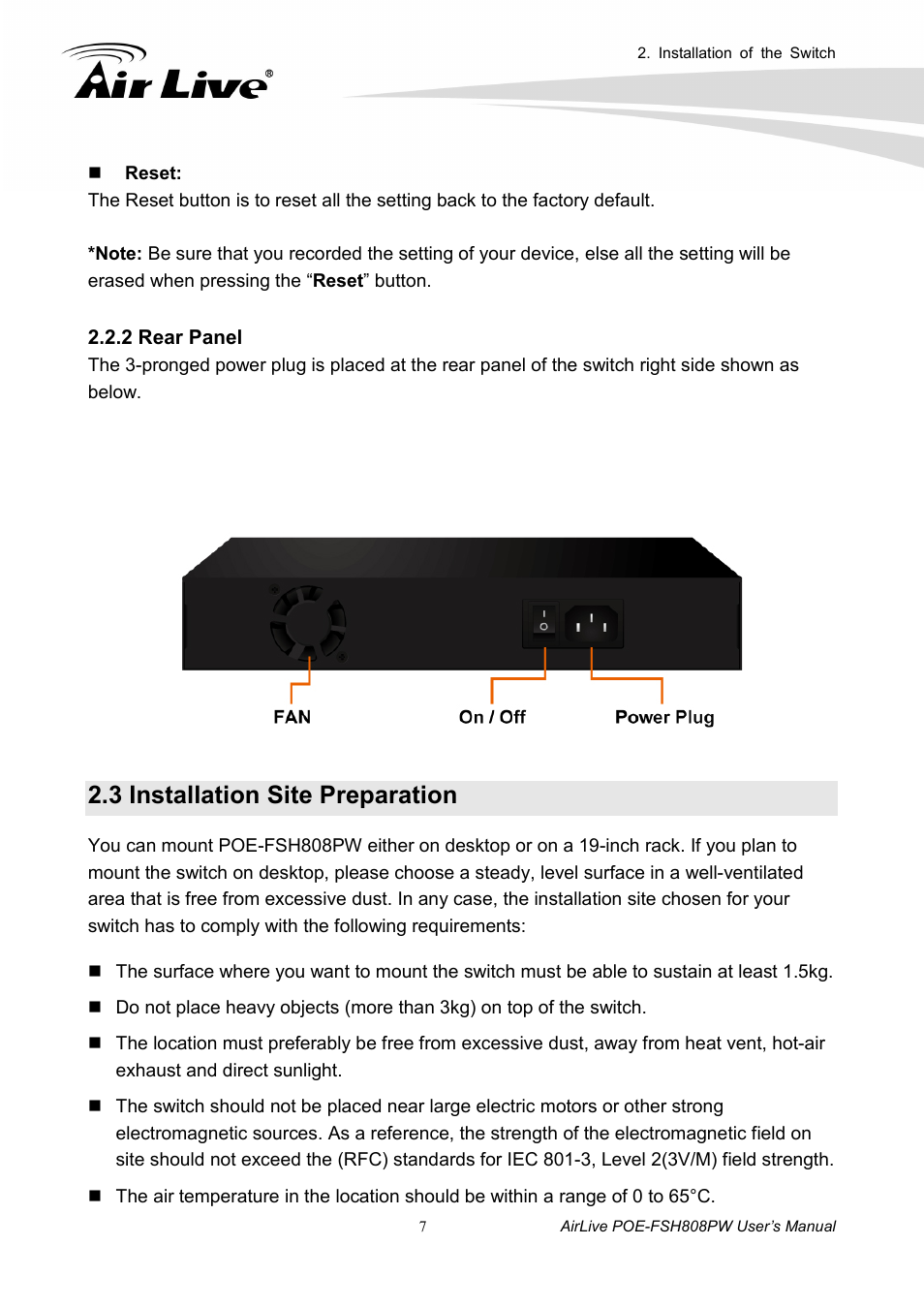 3 installation site preparation | AirLive POE-FSH808PW User Manual | Page 12 / 58