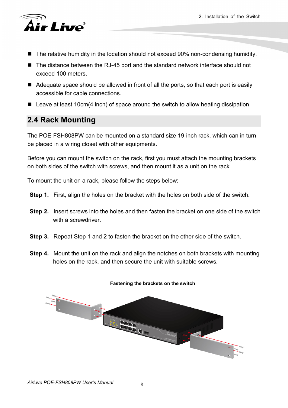 4 rack mounting | AirLive POE-FSH808PW User Manual | Page 13 / 58