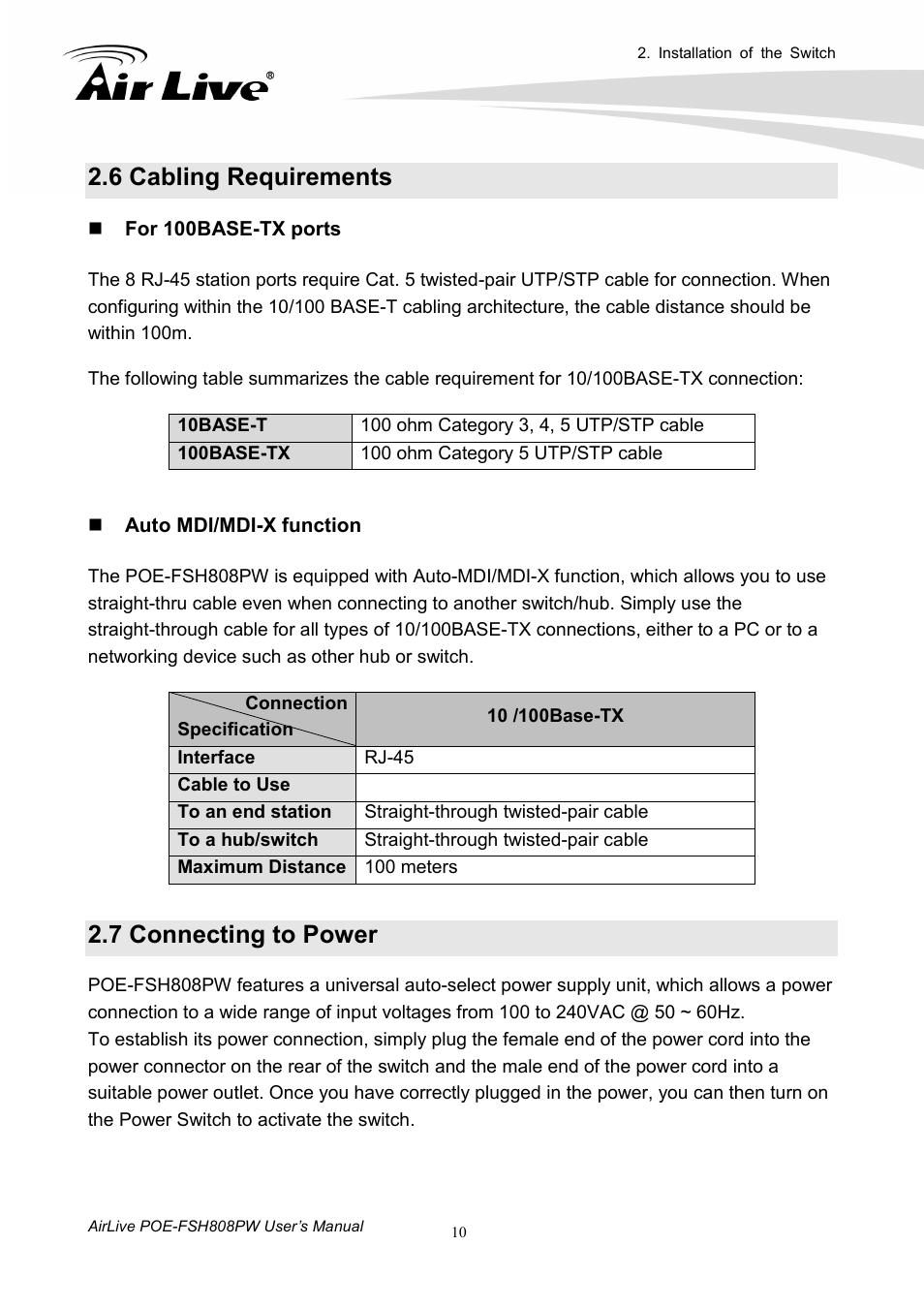 6 cabling requirements, 7 connecting to power | AirLive POE-FSH808PW User Manual | Page 15 / 58