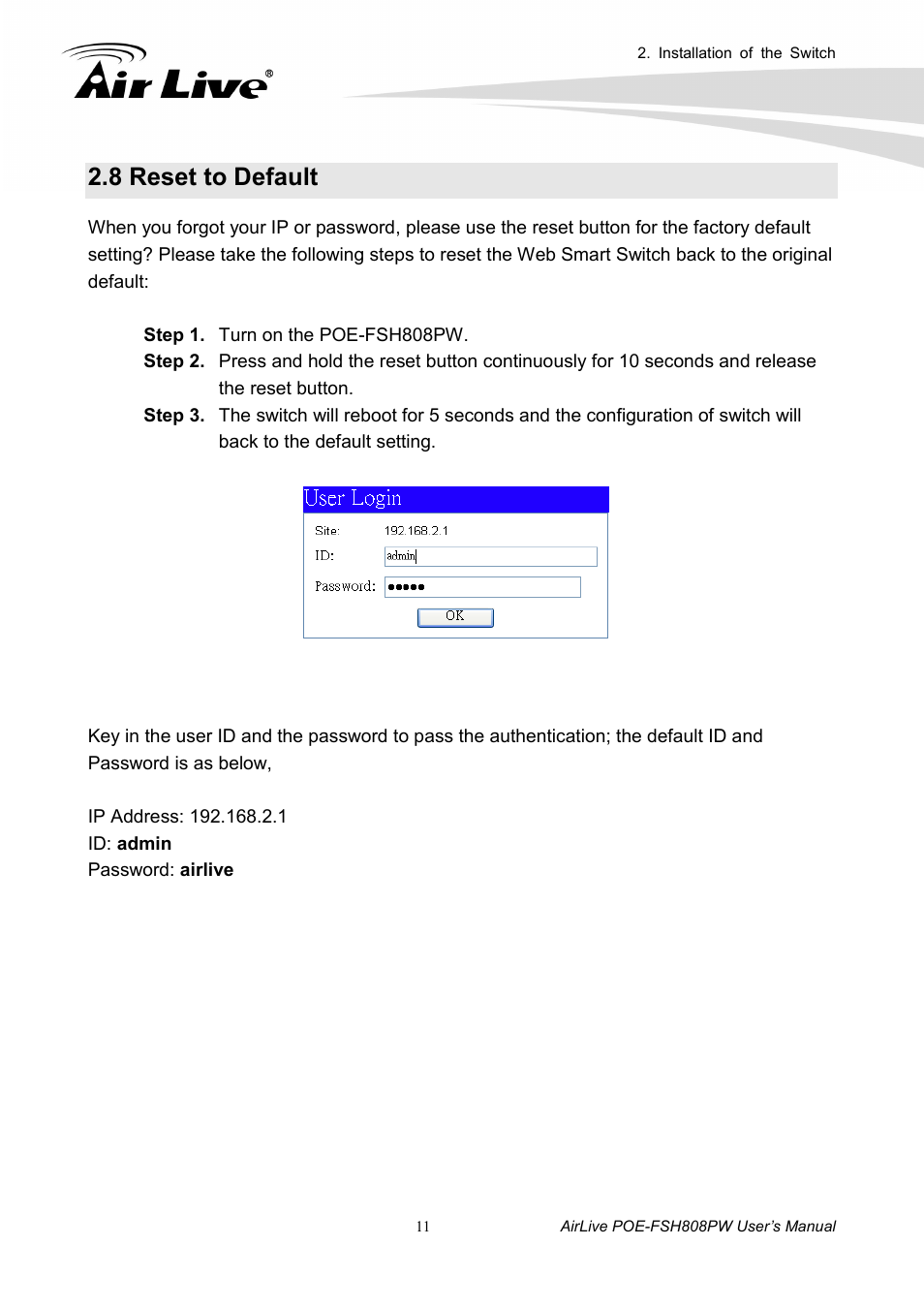 8 reset to default | AirLive POE-FSH808PW User Manual | Page 16 / 58