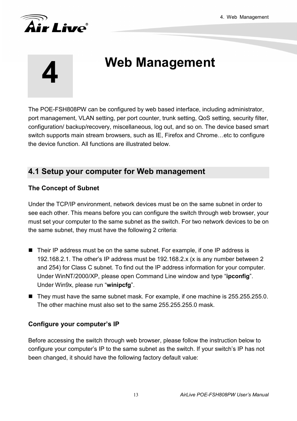 Web management, 1 setup your computer for web management | AirLive POE-FSH808PW User Manual | Page 18 / 58