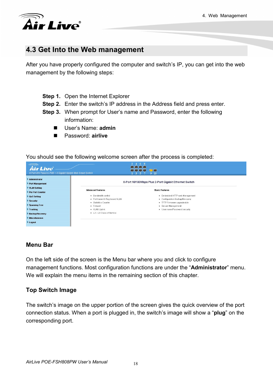 3 get into the web management | AirLive POE-FSH808PW User Manual | Page 23 / 58