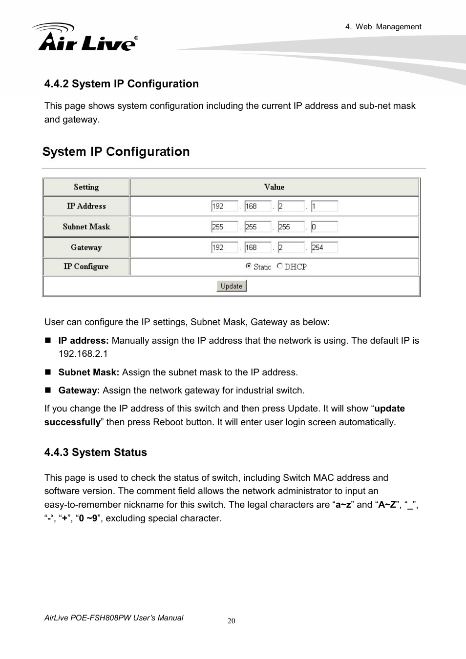 2 system ip configuration, 3 system status | AirLive POE-FSH808PW User Manual | Page 25 / 58