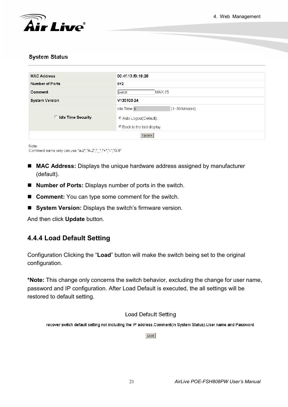 4 load default setting | AirLive POE-FSH808PW User Manual | Page 26 / 58