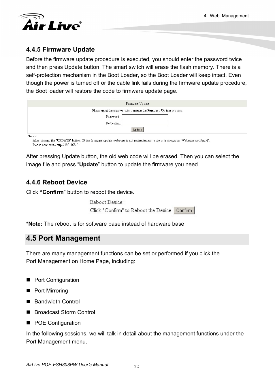 5 firmware update, 6 reboot device, 5 port management | AirLive POE-FSH808PW User Manual | Page 27 / 58
