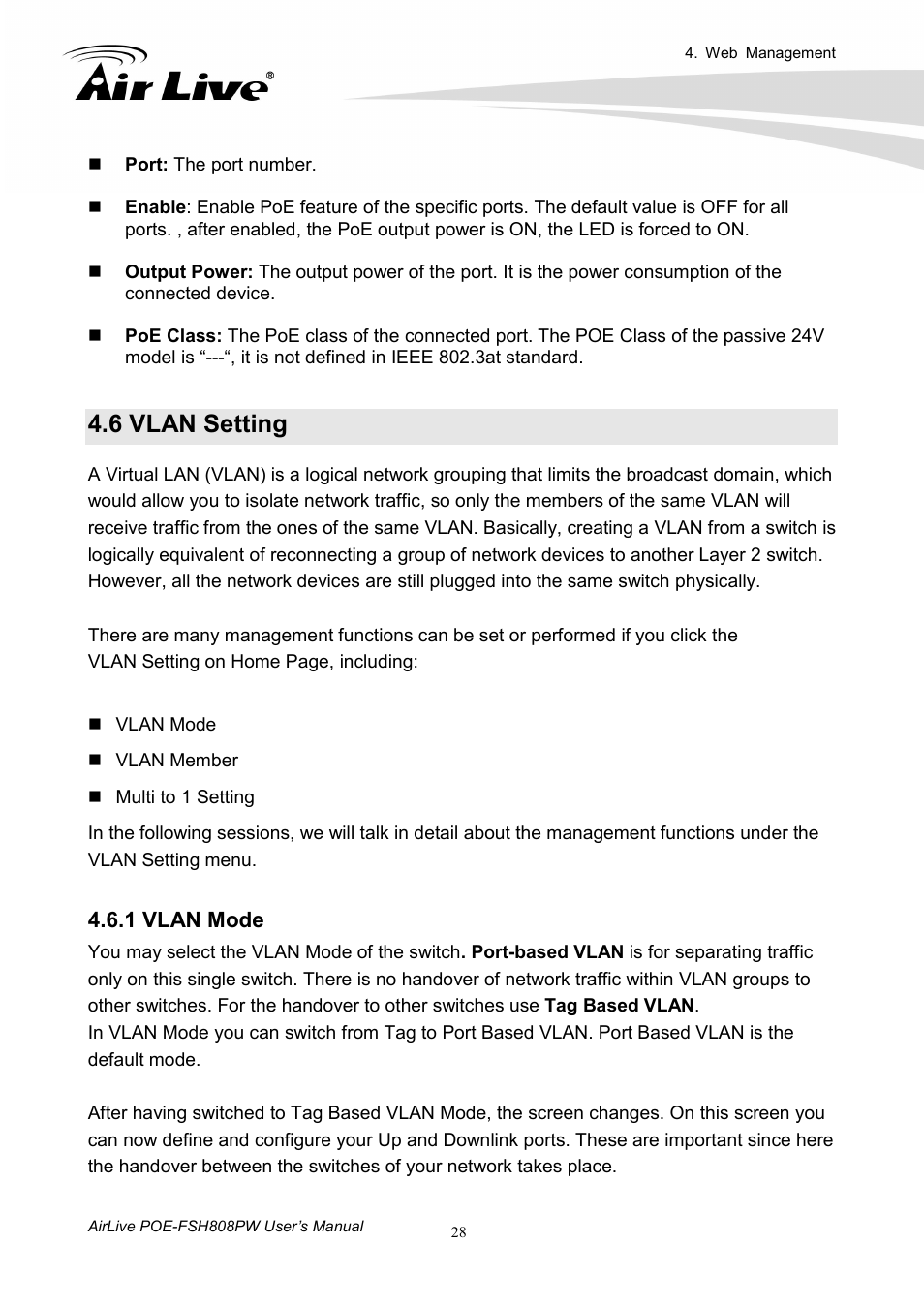 6 vlan setting, 1 vlan mode | AirLive POE-FSH808PW User Manual | Page 33 / 58