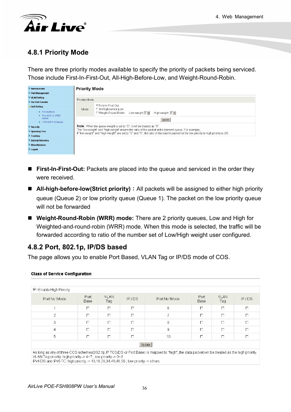 1 priority mode, 2 port, 802.1p, ip/ds based | AirLive POE-FSH808PW User Manual | Page 41 / 58